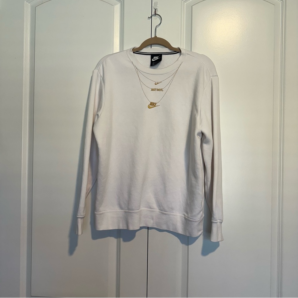Nike White Sweatshirt Embroidered Gold Necklace Details Small